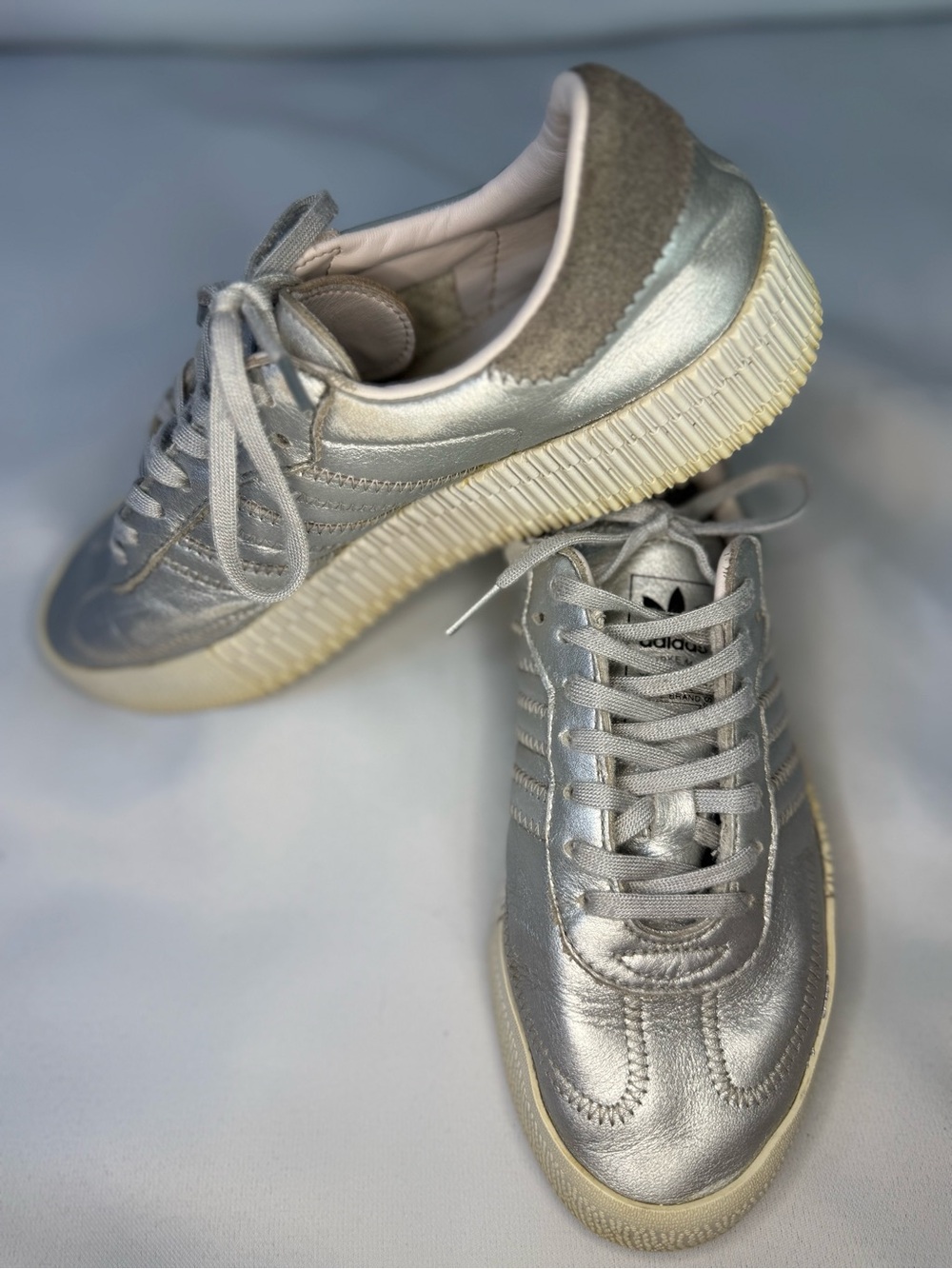 Adidas - Women’s Silver Metallic Leather Platform Sambas Sneakers - Size 7
